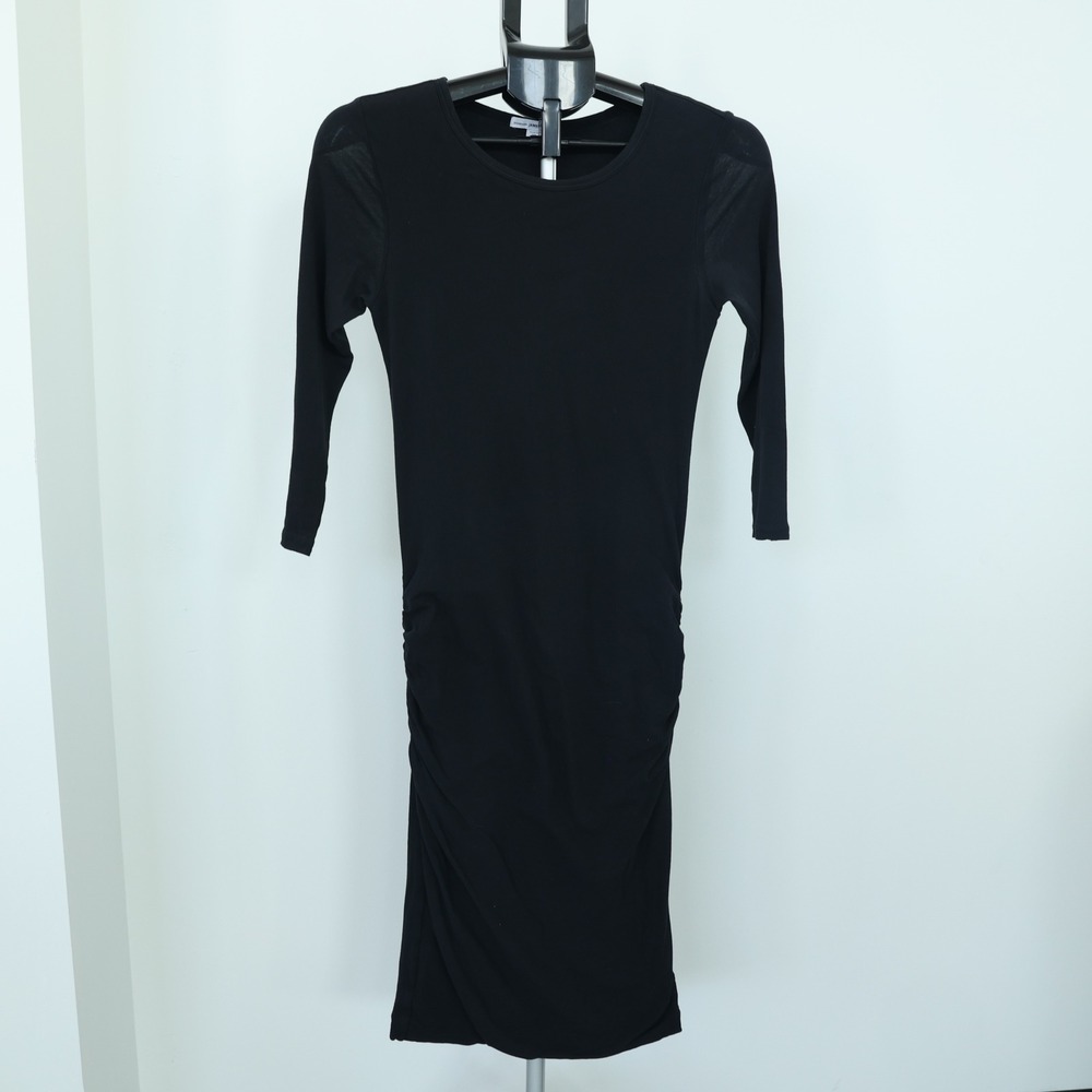 James Perse Midi Dress Womens Size 3 Large Black Ruched Long Sleeve Bodycon